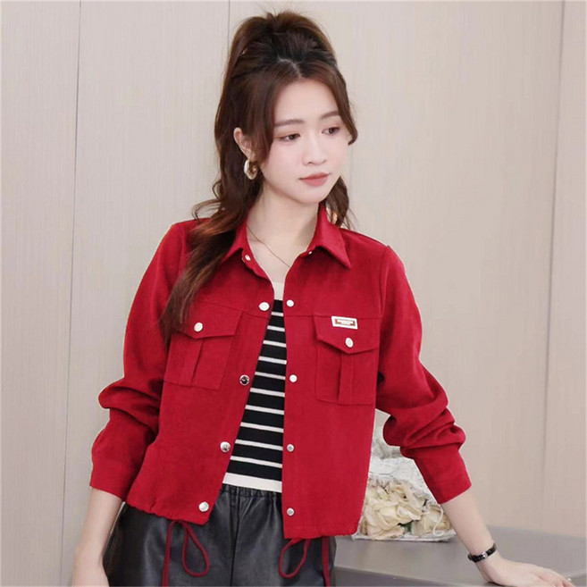 TKX 여성용 가을 심플 디자인 자켓 캐주얼 스타일 버튼 디테일 허리 조절 가능 면 자켓 K95