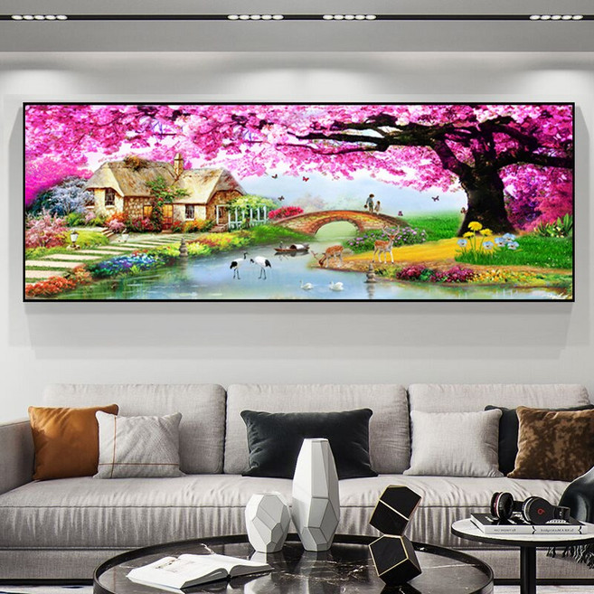 대형 세트 벚꽃 만발 징검다리 오두막 보석십자수 풍경화 쉬운 수공예 취미생활, 180X70CM, 1개