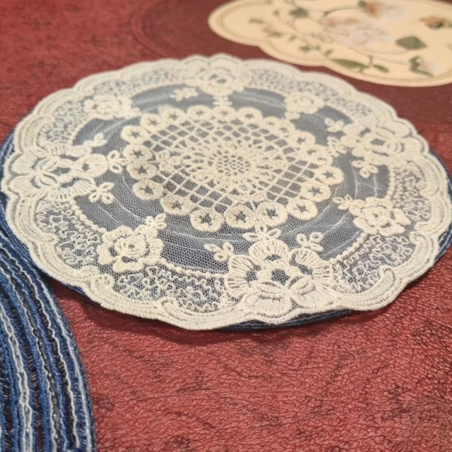 클래식 레이스 자수 꽃모양 망사 찻잔 매트 방진 촬영 인테리어 덮개 식탁 매트 4P, 4개, 17cm, 베이지