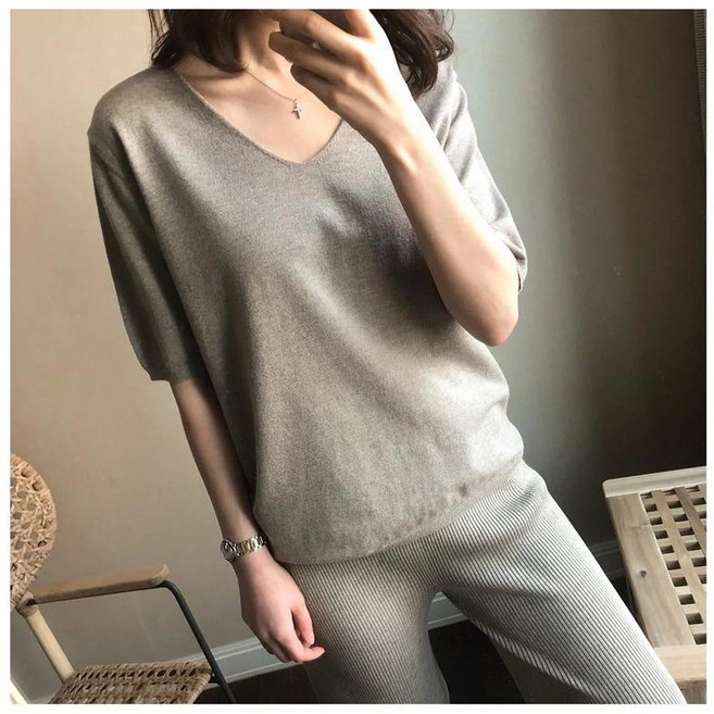 제이씨엠 JCM464 여성 포근한 브이넥 7부 소매시보리 반팔 니트티