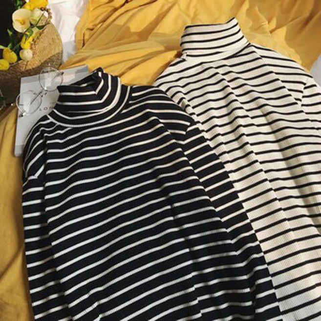 1+1 남성 긴팔 목폴라티 남성용 줄무늬 얇은 하이넥 긴팔 티셔츠 가을 겨울 베이스 레이어 JXH