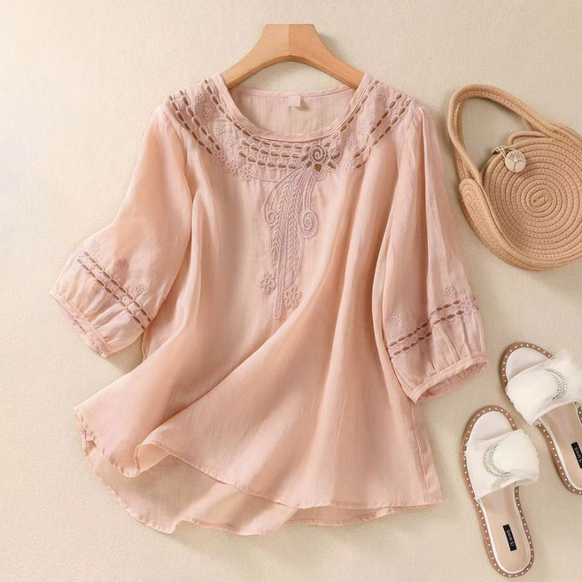 아이엠몽 여성 자수 포인트 루즈핏 7부 블라우스