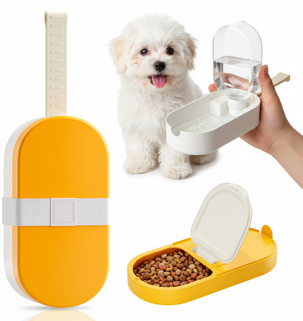 휴대용 접이식 물병+반려동물 사료병 2 in 1 반려견 반려묘 산책용, 1개, 노란색 + 흰색