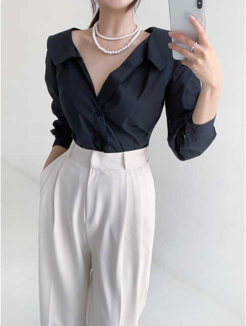 칩썬데이 여성 언밸런스 원오프숄더 긴팔 브이넥 스트라이프 셔츠 캐주얼 무지 카라 블라우스