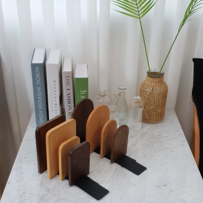 원목 철제 북엔드 북앤드 인테리어 책지지대 책고정 선반 칸막이 L자형 쏠리또, 원형-호두나무(어두운색), 1단