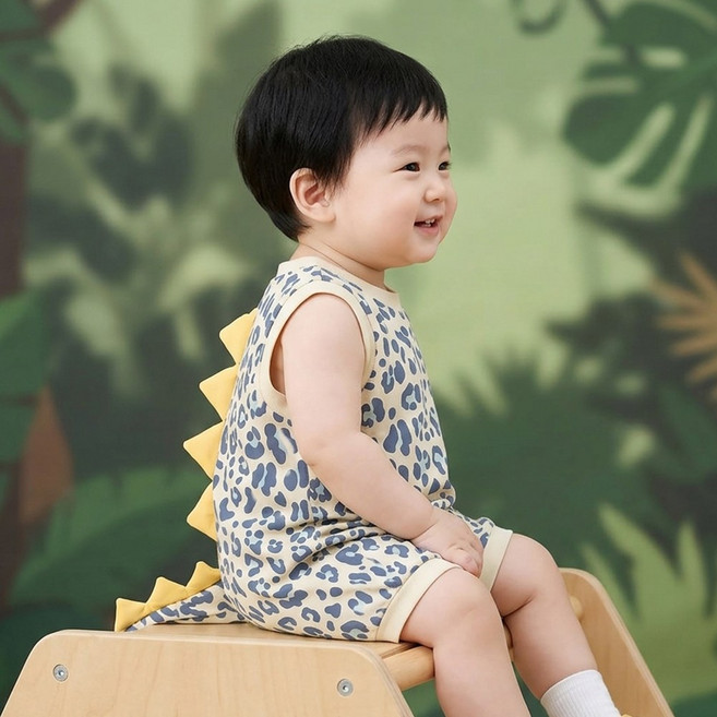 몽실이 컬러레오 우주복 아기 여름 나시 민소매 공룡 꼬리 컨셉룩 백일 돌 촬영룩 바디슈트