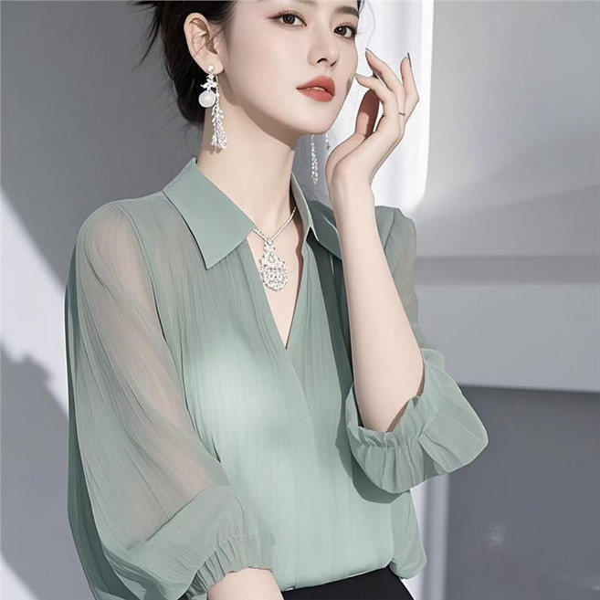여성용 시스루 5부소매 셔츠 데일리룩 봄여름 얇은 블라우스