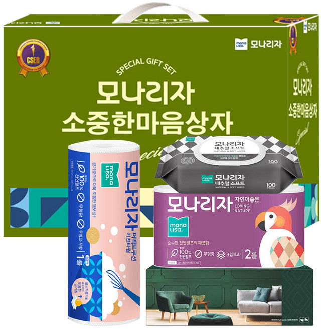 모나리자 소중한 마음상자 4종 / 각티슈 화장지 키친타올 물티슈 휴대용티슈 / 4종 선물세트, 1개