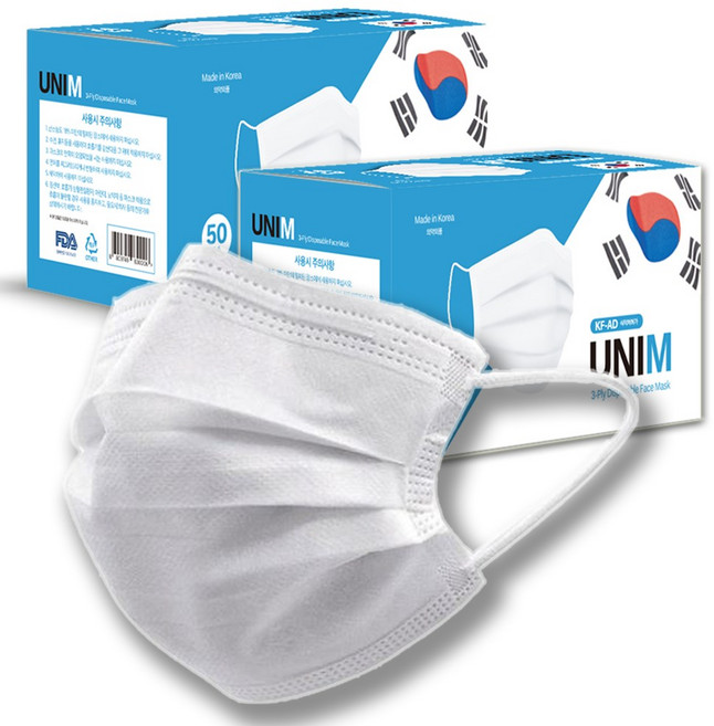 유니엠 KF-AD 비말차단 마스크 100매, 50매, 2개, 화이트