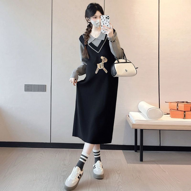 임산부 원피스 가을 겨울 기질 데일리 임부복 고급스러운 니트 원피스 루즈핏 코디 여성 니트 스커트 WMY