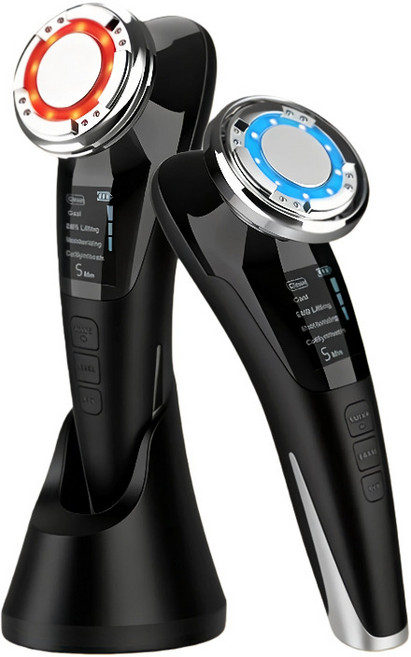 DFMEI 微電流嫩膚美容儀，冷熱導入與彩光護理，多功能臉部提拉緊緻按摩儀, 1個, 黑色:英文說明書