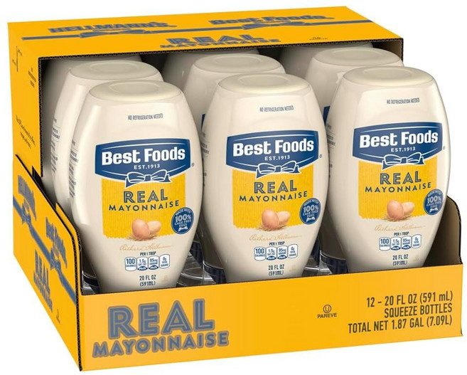Best Foods 리얼 마요네즈 병 크림 샌드위치 스프레드 또는 조미료 글루텐 프리 100프로 케이지 계란으로 제작 887.2ml30온스 241727, 20 Fl Oz (Pack of 12)