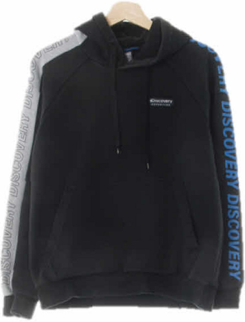 6994 DlSCOVERY 블랙 면혼방 소매레터링나그랑배색후드티 [90]