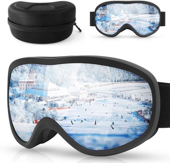 리빙가감법 겨울 김서림 방지 스키 안경 조절 벨트 고화질 렌즈 자외서차단 충격 흡수 방풍 스키고글 스키 안경 스노우보드 고글, 블랙, 1개