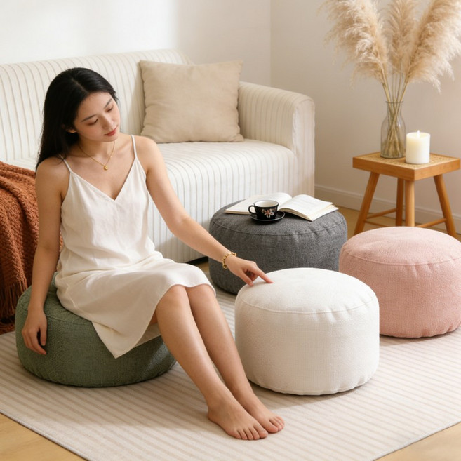 초경량 풋스툴 EPS 충전 원형 패브릭 스툴 발받침 소파 거실 인테리어 빈백 의자 추천, 베이지