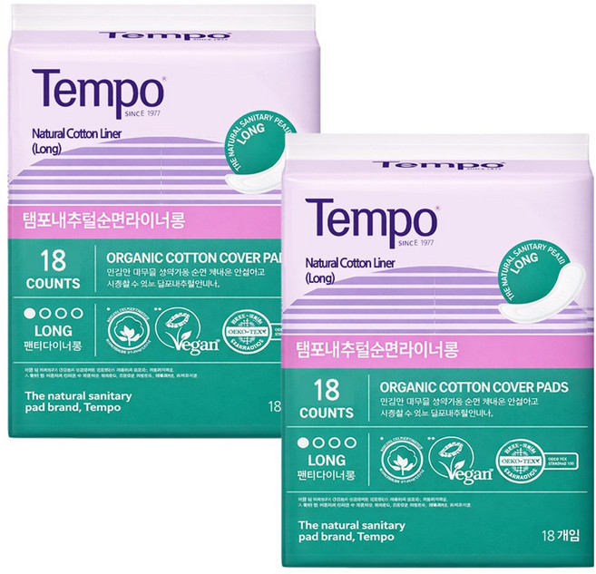 동아제약 내추럴 순면 커버 라이너, 롱, 18매입, 2개