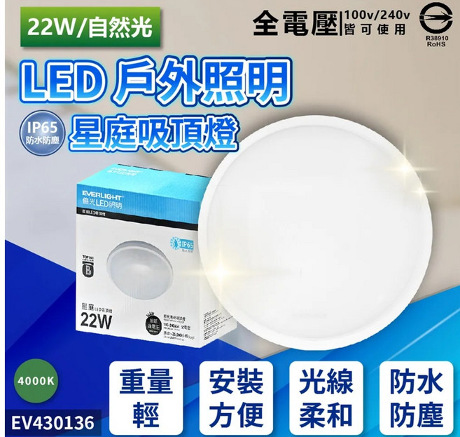億光EVERLIGHT 星庭LED戶外照明吸頂燈 IP65防水防塵 全電壓, 自然光