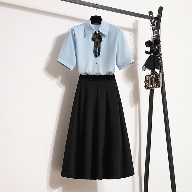 FANSYLI 여성 스커트 세트 결혼식 하객룩 리본 블라우스 하이웨스트 A라인 플레어스커트 투피스 오피스룩 봄 여름 가을 통근 세트 XR2601J29