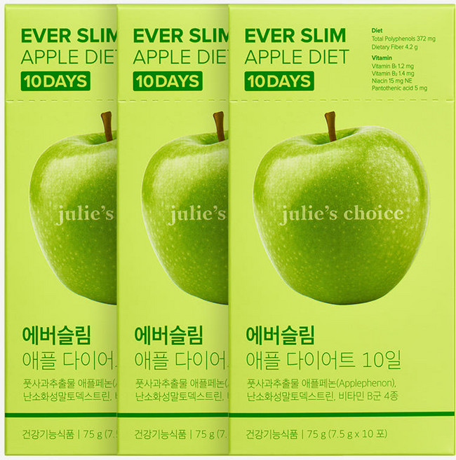 줄리스초이스 에버슬림 애플 다이어트 10일 식후혈당 다이어트보조제 혈당컷 탄수화물 비타민B 식이섬유 체지방감소 사과맛다이어트, 3박스, 10회분