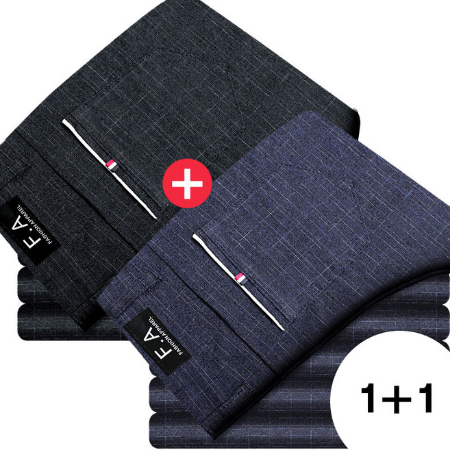 봄 가을 1+1 남자 편한 바지 슬림핏 체크 바지 일자 정장 팬츠 2피스 캐주얼 남성 정장 바지 YSQ