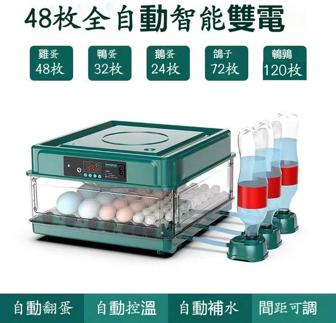 全自動智能孵蛋器 128枚容量 抽屜式孵化箱, 48枚雙電【自動上水+自動翻蛋】, 1個