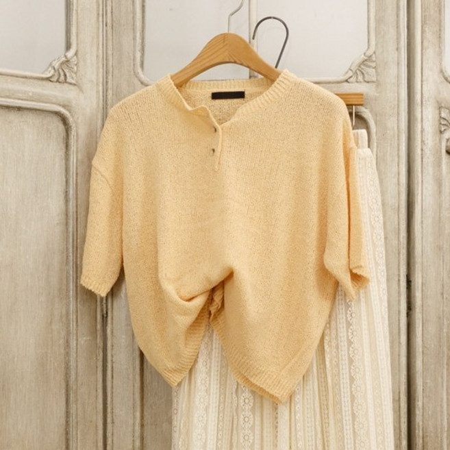 버튼넥 여름 여성 반팔니트 티셔츠