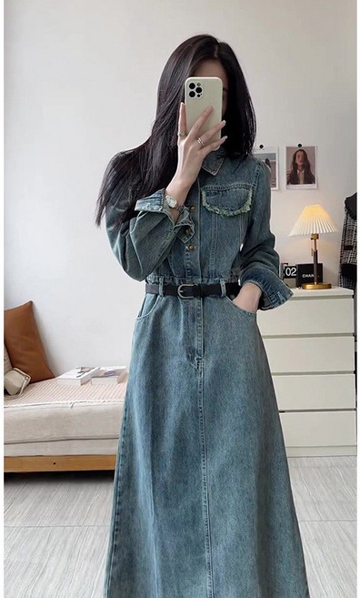 法式長袖連身裙 氣質早春洋裝 百搭顯瘦, 牛仔連衣裙,XL