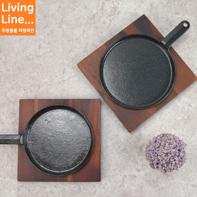 고품격 주물 원형 스테이크팬 [목판포함] 함박스테이크 고기 구이팬 [사이즈선택], 1세트, 원형 스테이크팬+받침대