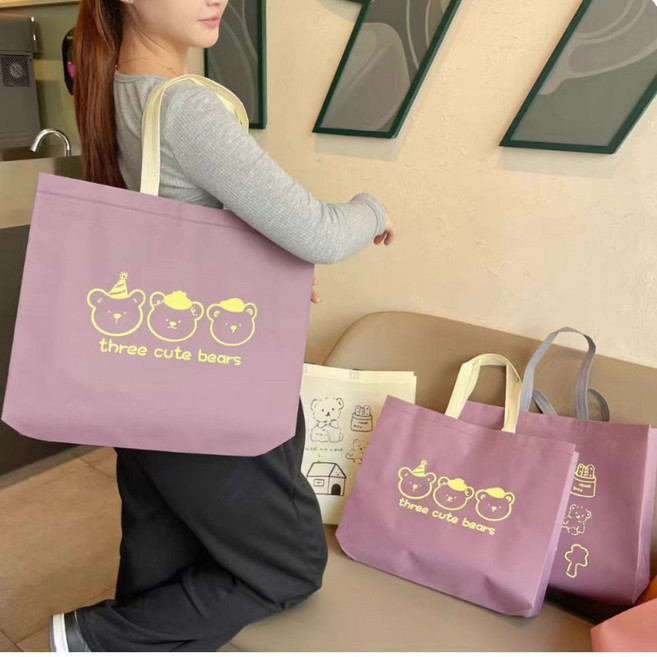 부직포 쇼핑백 선물 복장 대 중 소 손잡이 포장봉투 아기곰 세 마리, 10개, 자주색