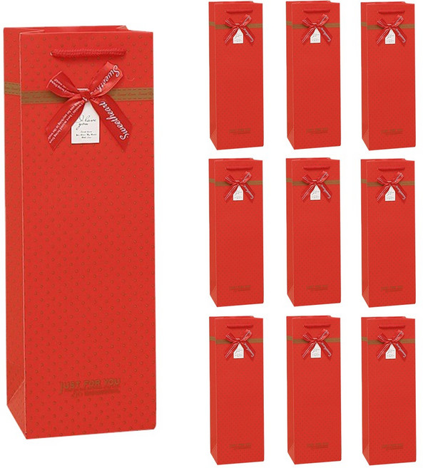 링비츠 와인 선물 포장 쇼핑백 캐리어 손잡이 럭셔리 WP13, 10개입, 땡땡이리본-레드