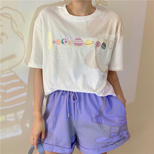 韓版刺繡寬鬆短袖T恤 - 日系顯瘦上衣