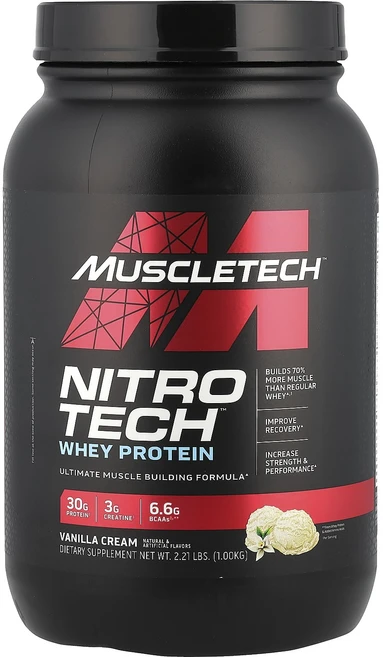 MuscleTech 니트로 테크 유청 단백질플러스 지방이 적은 머슬빌더 바닐라 2.00 파운드 907g, 5개 - 쿠팡