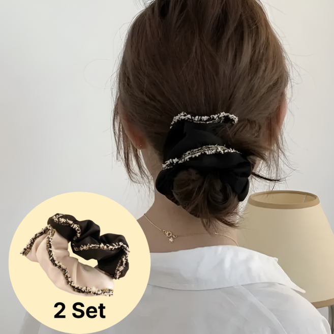 앨데이 트위드 배색 실키 새틴 헤어 슈슈 곱창밴드 2종 세트 (블랙+아이보리)