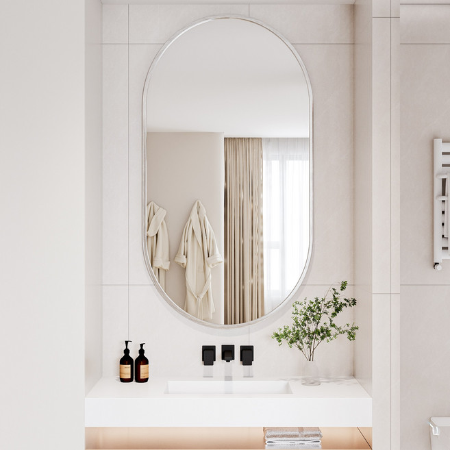 뷰티피크 타원형 벽거울 화장대거울 욕실거울 강화안전유리, 실버56cm