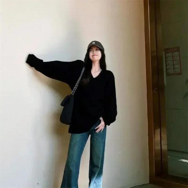 여성용 루즈한 V넥 블랙 스웨터 편안한 다목적 풀오버 니트 FA656 2024 가을 및 겨울, 05 43, 14 4828 color 5, 1개