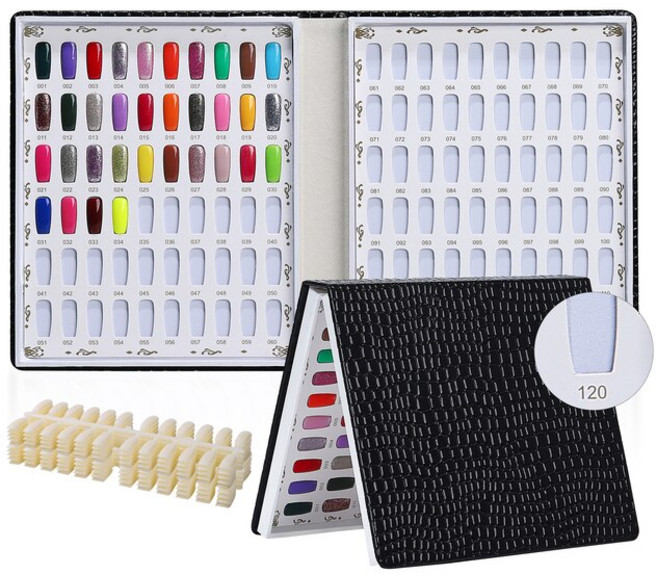 네일 연습120/180/216 네일 차트 컬러링 북 가죽 커버 디스플레이 젤 폴리쉬 샘플 선반 카드 팁 포함, 1개