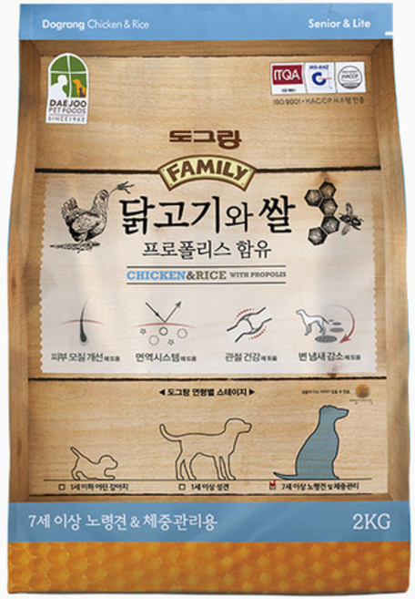 도그랑 프로폴리스 라이트 닭고기와 쌀 노령견 앤 비만방지용 애견사료, 곡물, 2kg, 1개