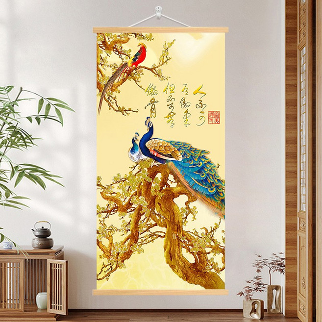 궁중 모란도 병풍 액자 벽화 30x60 목단꽃 꽃그림 민화, 원목 행잉 샤프트, 16번