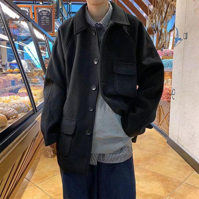 洁白 秋冬新款毛呢大衣男短款休閒復古潮流翻領呢子夾克