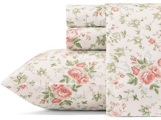 Laura Ashley Home 새틴 컬렉션 시트 세트 100% 면 주름 방지 원단 퀸 미도우 플로럴 블루