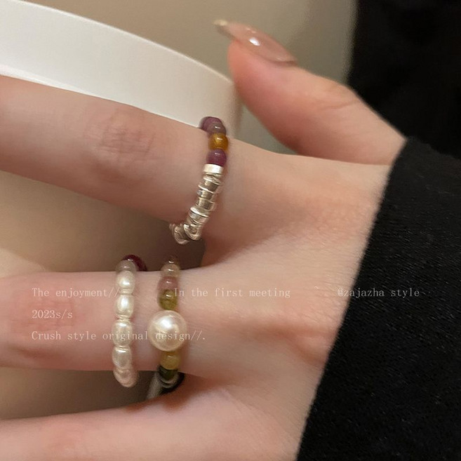 碧璽珍珠天然石戒指 女款輕奢復古小眾設計食指戒 高級串珠碎銀子指環