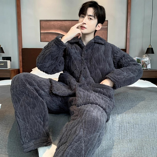 男士冬季夾棉法蘭絨睡衣套裝 加厚保暖家居服兩件式