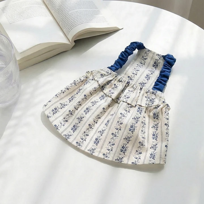 한세팩토리 강아지옷 빈티지 플라워 프릴 원피스 반려견 드레스, 1개, 블루