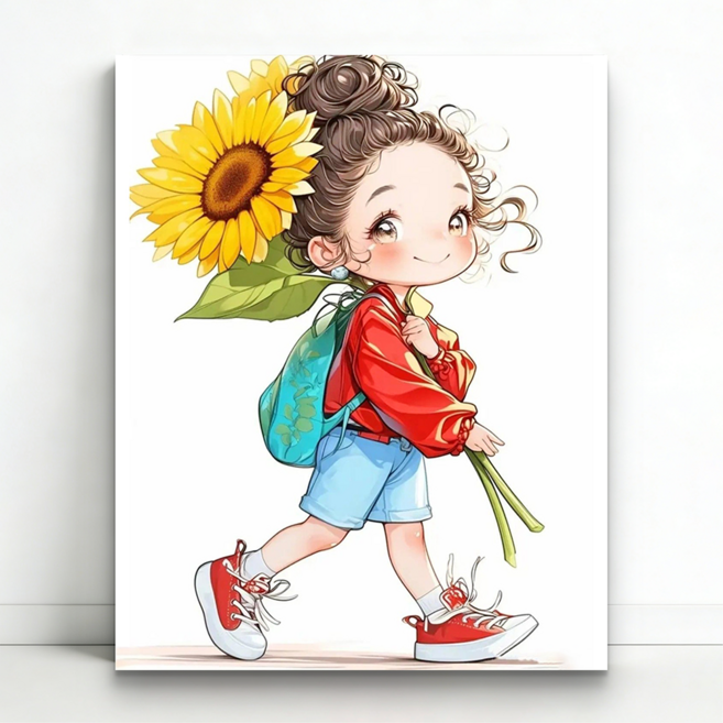 서은이네 보석십자수 DIY 캔버스 액자형 구슬 비즈 십자수 40x50cm, 1세트, 해바라기 소녀 AN09