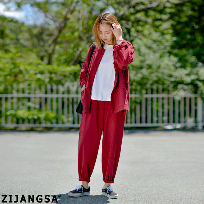 10046 남여공용 여름 20수 라운드넥 긴팔 한벌 빨강 데일리한복 패션한복 감성한복 지장사