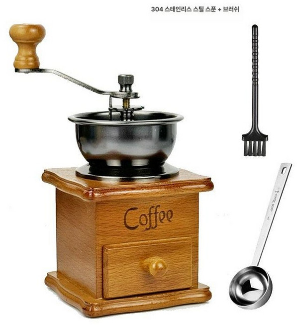커피가는기계 커피분쇄기 소형 맷돌 글라인더 원두가는기계, 1개, 연한색 원목 그라인더 304 스푼 포함