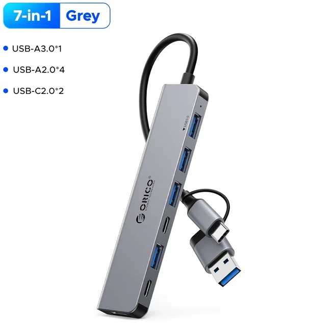 ORICO USB 허브 4-7 포트 3.0 분배기 확장 도킹 스테이션 알루미늄 OTG 어댑터 컴퓨터 액세서리, 01 7-Port USBA 3.0