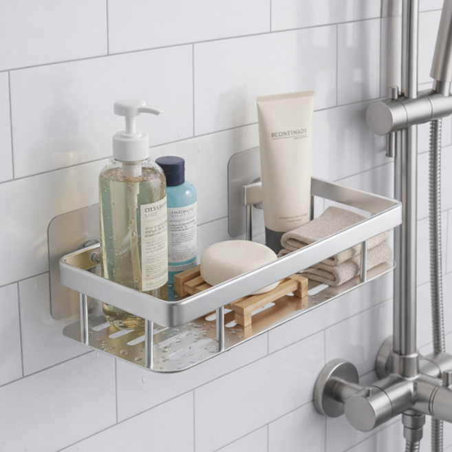 링고룸 깔끔 물빠짐 욕실 선반 다용도 거치대 무타공 초강력 접착 흡착식, 1개, 스틸실버