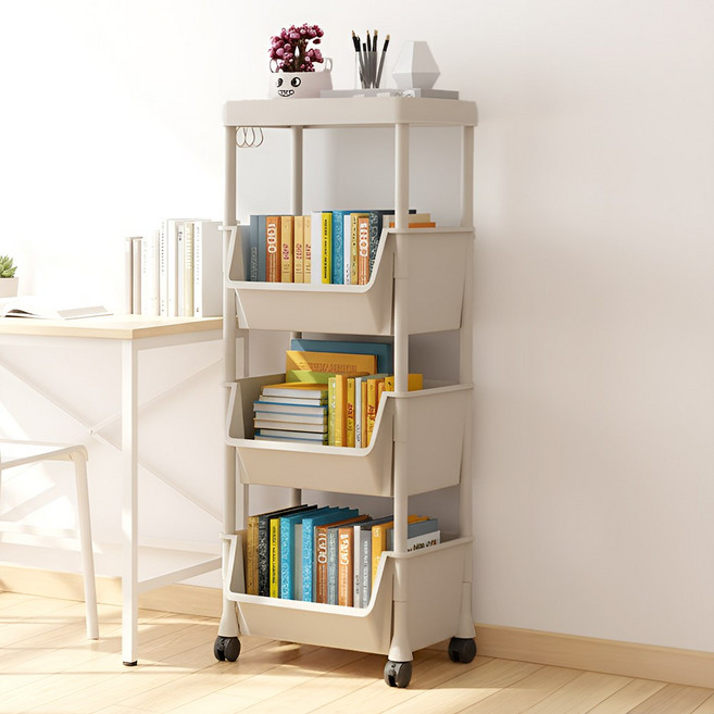 하이제이디 이동식 다용도 수납 트롤리 북카트 선반, HS-화이트, 4단