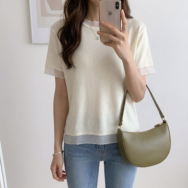 데일리앤 레이아 시스루 레이스 배색 기본핏 부드러운 여성 반팔 니트 티셔츠